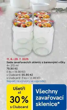 Tesco Sada zavařovacích sklenic s barevnými víčky, 4× 370 ml nabídka