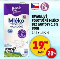 Penny Market TRVANLIVÉ POLOTUČNÉ MLÉKO BEZ LAKTÓZY 1,5% BONI, 1 l nabídka
