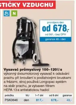 DEK Vysavač průmyslový 100-120 l/s nabídka