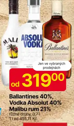 Hruška Ballantines 40%, Vodka Absolut 40% Malibu rum 21% nabídka