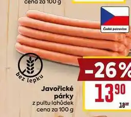 Billa Javořické párky z pultu lahůdek cena za 100 g nabídka