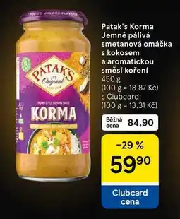 Tesco Patak's Korma Jemně pálivá smetanová omáčka s kokosem a aromatickou směsí koření, 450 g nabídka