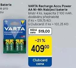 Tesco VARTA Recharge Accu Power AA Ni-Mh Nabíjecí baterie, blistr 4 ks, kapacita 2 100 mAh nabídka