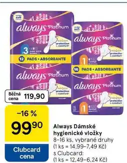 Tesco Always Dámské hygienické vložky, 8-16 ks, vybrané druhy nabídka