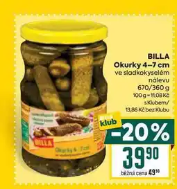 Billa BILLA Okurky 4-7 cm ve sladkokyselém nálevu 670/360 g nabídka