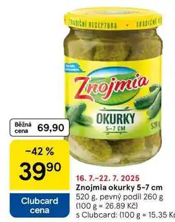 Tesco Znojmia okurky 5-7 cm, 520 g, pevný podíl 260 g nabídka