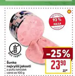 Billa Šunka nejvyšší jakosti z pultu lahůdek cena za 100g nabídka