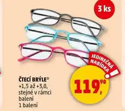 Penny Market ČTECÍ BRÝLE +1,5 až +3,0, stejné v rámci balení, 1 balení nabídka