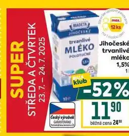 Billa Jihočeské mléko trvanlivé polotučné 1,5 % 1l nabídka