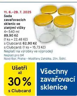 Tesco Sada zavařovacích sklenic se zlatými víčky, 4× 540 ml nabídka