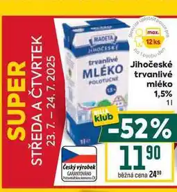 Billa Jihočeské trvanlivé mléko 1,5% 1l nabídka