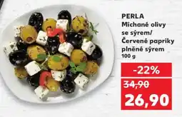 Kaufland PERLA Míchané olivy se sýrem / Červené papriky plněné sýrem nabídka