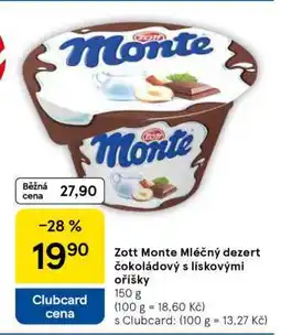 Tesco Zott Monte Mléčný dezert čokoládový s lískovými oříšky nabídka