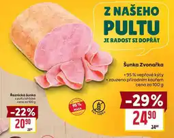 Billa Šunka Zvonařka 95% vepřové kýty zauzeno přírodním kouřem cena za 100g nabídka