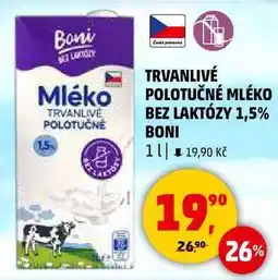 Penny Market TRVANLIVÉ POLOTUČNÉ MLÉKO BEZ LAKTÓZY 1,5% BONI, 1 l nabídka