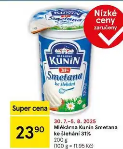 Tesco Mlékárna Kunín Smetana ke šlehání 31%, 200 g nabídka