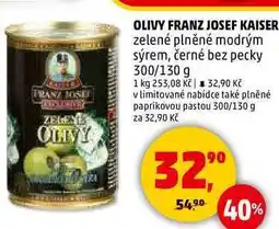 Penny Market OLIVY FRANZ JOSEF KAISER zelené plněné modrým sýrem, černé bez pecky, 300/130 g nabídka