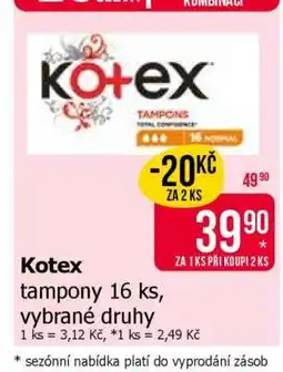 Teta Kotex tampony 16 ks, vybrané druhy nabídka