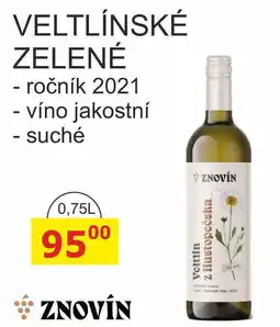 BENE Nápoje ZNOVÍN VELTLÍNSKÉ ZELENÉ - ročník 2021 - víno jakostní - suché 0,75L nabídka