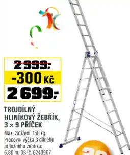 OBI Trojdílný hliníkový žebřík, 3 × 9 příček nabídka