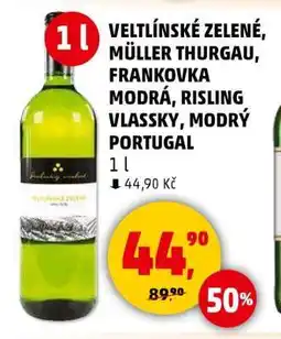 Penny Market VELTLÍNSKÉ ZELENÉ, MÜLLER THURGAU, FRANKOVKA MODRÁ, RISLING VLASSKY, MODRÝ PORTUGAL nabídka