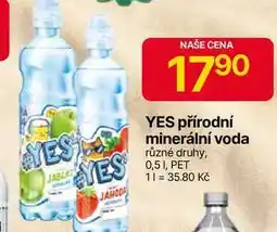 Hruška YES přírodní minerální voda různé druhy, 0,5l, PET nabídka
