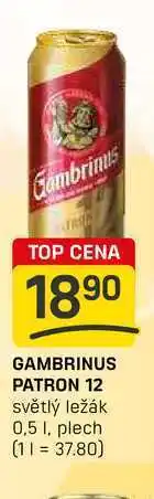 Flop GAMBRINUS PATRON 12 světlý ležák 0,5l, plech nabídka