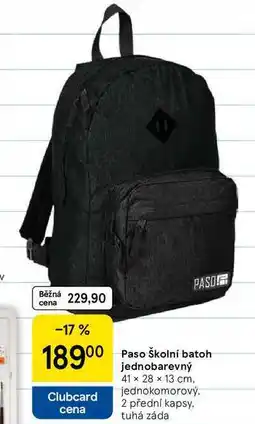 Tesco Paso Školní batoh jednobarevný, 41 × 28 x 13 cm, jednokomorový. 2 přední kapsy. tuhá záda nabídka