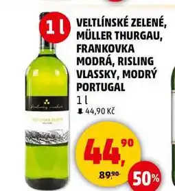 Penny Market VELTLÍNSKÉ ZELENÉ, MÜLLER THURGAU, FRANKOVKA MODRÁ, 1 l nabídka