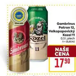 Billa Gambrinus Patron 12, Velkopopovický Kozel 11 0,51, plech nabídka