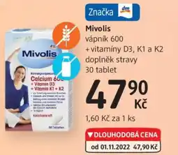 dm drogerie Mivolis vápník 600 + vitamíny D3, K1 a K2 doplněk stravy nabídka