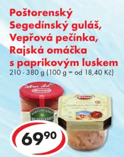 CBA Poštorenský Segedínský guláš, Vepřová pečínka, Rajská omáčka s paprikovým luskem nabídka