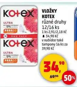 Penny Market VLOŽKY KOTEX různé druhy, 12/16 ks nabídka