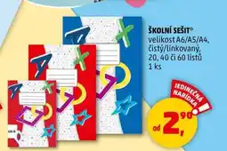 Penny Market ŠKOLNÍ SEŠIT velikost A6/A5/A4, čistý/linkovaný, 20, 40 či 60 listů, 1 ks nabídka