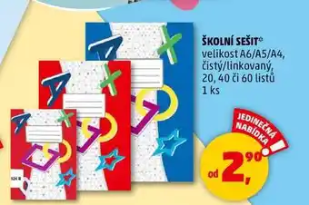 Penny Market ŠKOLNÍ SEŠIT velikost A6/A5/A4, čistý/linkovaný, 20, 40 či 60 listů, 1 ks nabídka