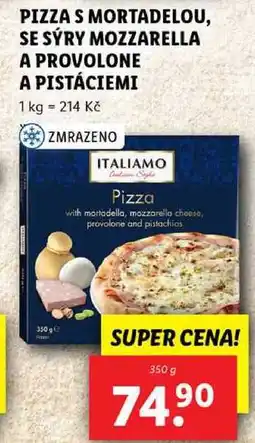 Lidl PIZZA S MORTADELOU, SE SÝRY MOZZARELLA A PROVOLONE A PISTÁCIEMI, 350 g nabídka