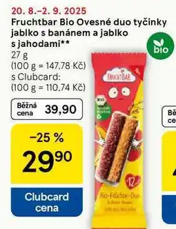 Tesco Fruchtbar Bio Ovesné duo tyčinky jablko s banánem a jablko s jahodami, 27 g nabídka