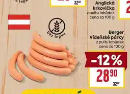 Billa Berger Vídeňské párky z pultu lahůdek cena za 100 g nabídka