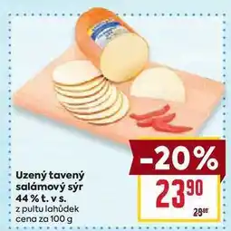 Billa Uzený tavený salámový sýr 44% t. vs. z pultu lahůdek cena za 100 g nabídka