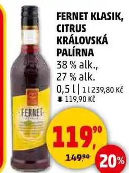 Penny Market FERNET KLASIK, CITRUS KRÁLOVSKÁ PALÍRNA 38% alk., 27% alk., 0,5 l nabídka