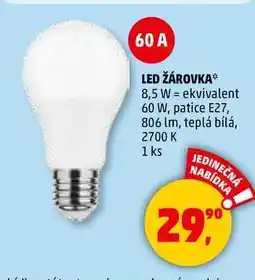Penny Market LED ŽÁROVKA, 8,5 W ekvivalent 60 W, patice E27, 806 lm, teplá bílá, 2700 K, 1 ks nabídka