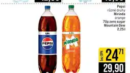 Jip Pepsi různé druhy Mirinda orange 7Up zero sugar Mountain Dew nabídka