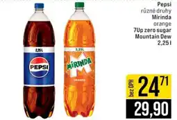 Jip Pepsi různé druhy Mirinda orange 7Up zero sugar Mountain Dew nabídka