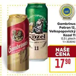 Billa Gambrinus Patron 12, Velkopopovický Kozel 11 0,51, plech nabídka