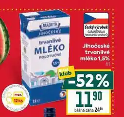 Billa Jihočeské trvanlivé mléko 1,5% 1l nabídka