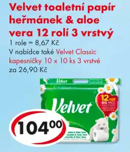 CBA Velvet toaletní papír heřmánek & aloe vera 12 rolí 3 vrstvý nabídka