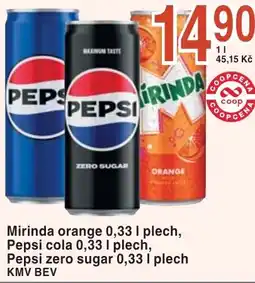 Coop hb Mirinda orange plech, Pepsi cola plech, Pepsi zero sugar nabídka