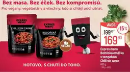 Globus Expres menu Boloňská omáčka s tempehem Chilli sin carne nabídka
