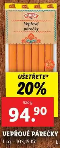 Lidl VEPŘOVÉ PÁREČKY, 920 g nabídka