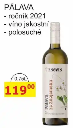 BENE Nápoje ZNOVÍN PÁLAVA - ročník 2021 - víno jakostní - polosuché 0,75L nabídka